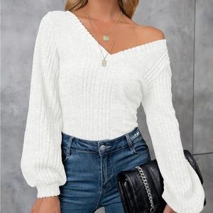 Shein V Neck Ribbed Sweater in White